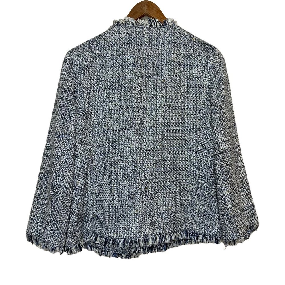 Kasper Flyaway Novelty Blazer Tweed Fringe Jacket Open Front Blue White Gold 8 - Picture 9 of 11